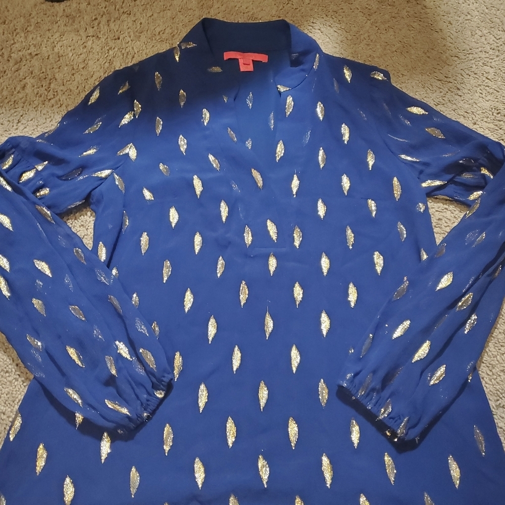 Lilly Pulitzer 100% Silk Blouse with Metallic Leaf Pattern